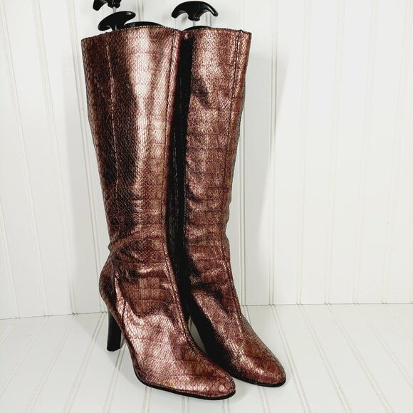 Parallel Brown Metallic Reptilian Print Side Zip Elastic Calf Heeled Boots H476 - Picture 4 of 13